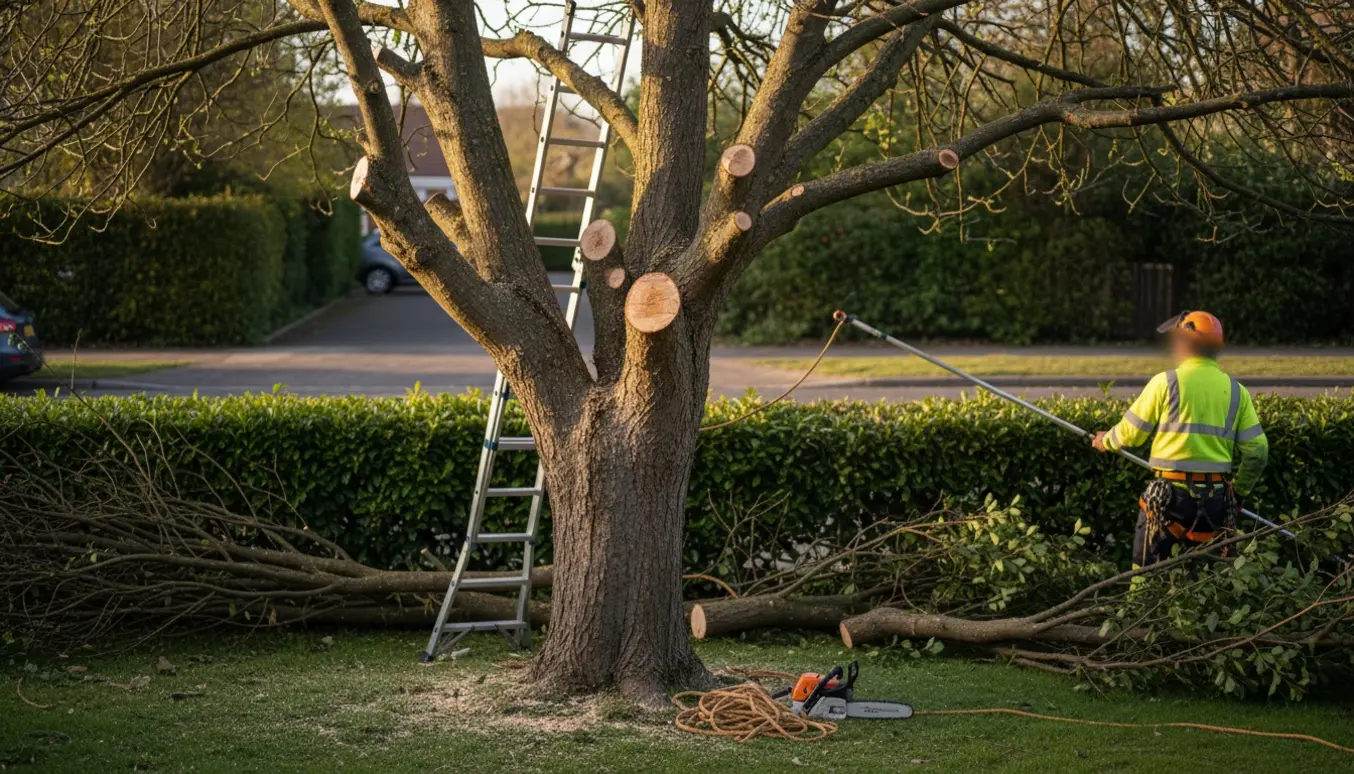 Et stort træ beskæres ind til hovedstammen i en forhave med afskårne grene samlet ved hækken og fortovet synligt bagved.