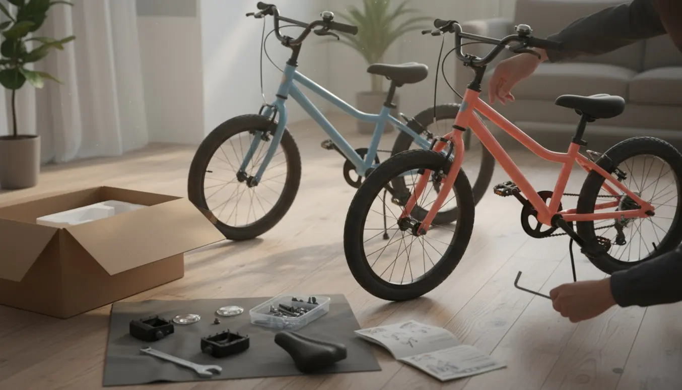 To 20-tommer børnecykler under let samling på et lyst gulv, hænder monterer styret med værktøj og emballage omkring.