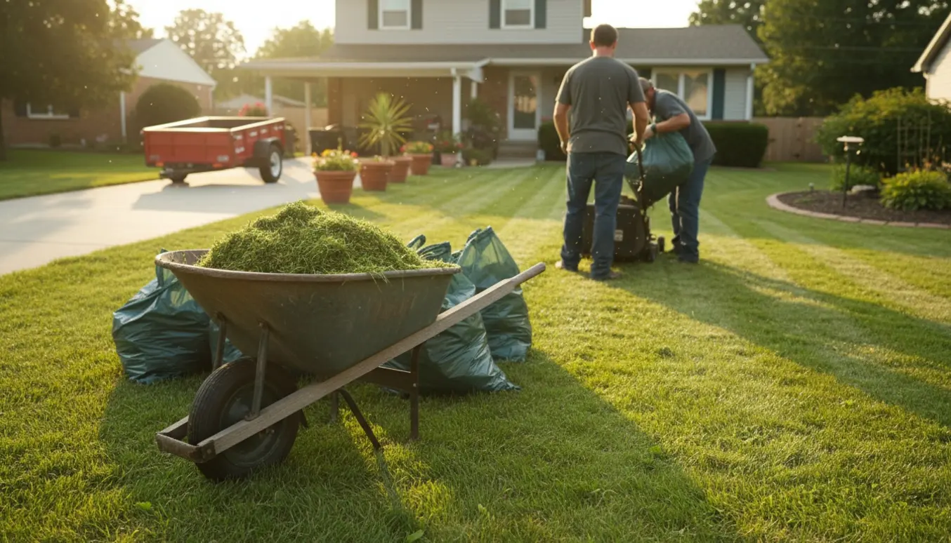 En person klipper græs og tømmer afklip i en trillebør ved et hus med carport.