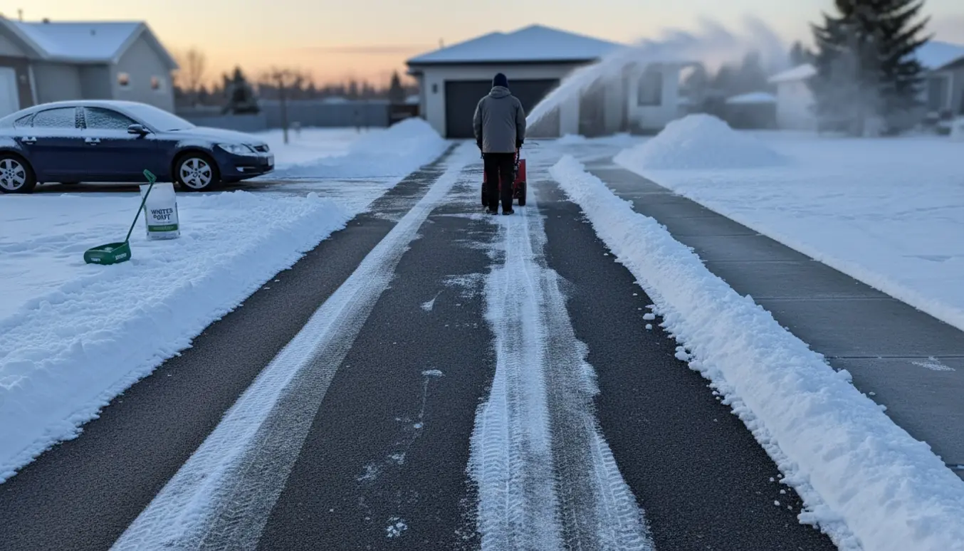 Indkørsel og fortov ryddet for sne med en sneslynge og en person set bagfra.
