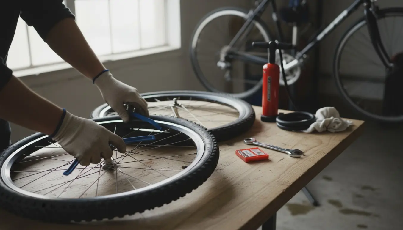 Hænder skifter to cykeldæk og slanger på et arbejdsbord med cykelværktøj.