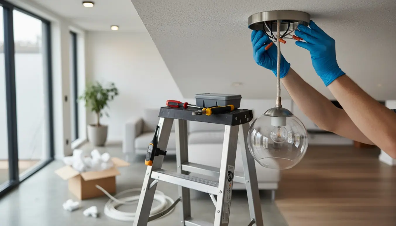 Hænder monterer en ny loftlampe fra en stige med værktøj og åben ledningsdåse i en stue.