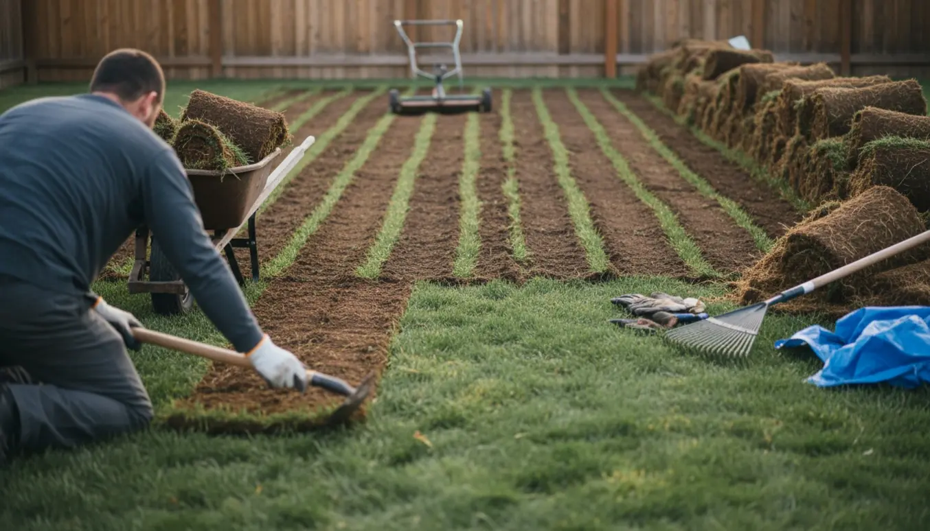 Baghave med græs gravet af i pæne rækker, ruller af borttaget græs og haveredskaber klar.