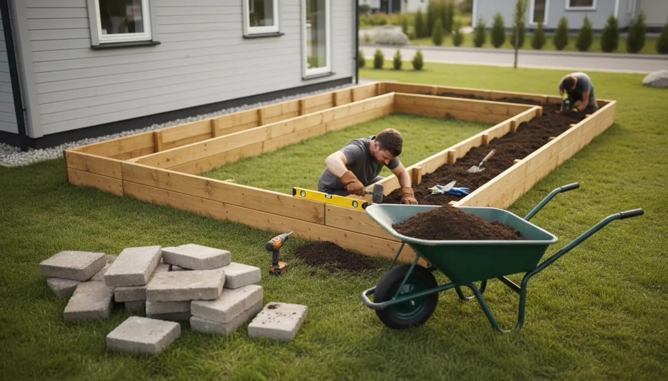 L-formet højbed under opbygning i forhaven med træramme, bunker af fliser og haveredskaber.