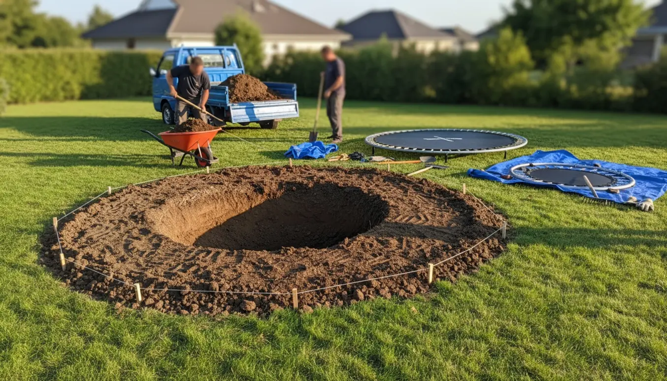 Nedgravet cirkulært hul i græsplæne til trampolin med jordbunker, værktøj og arbejdshænder uden synlige ansigter.
