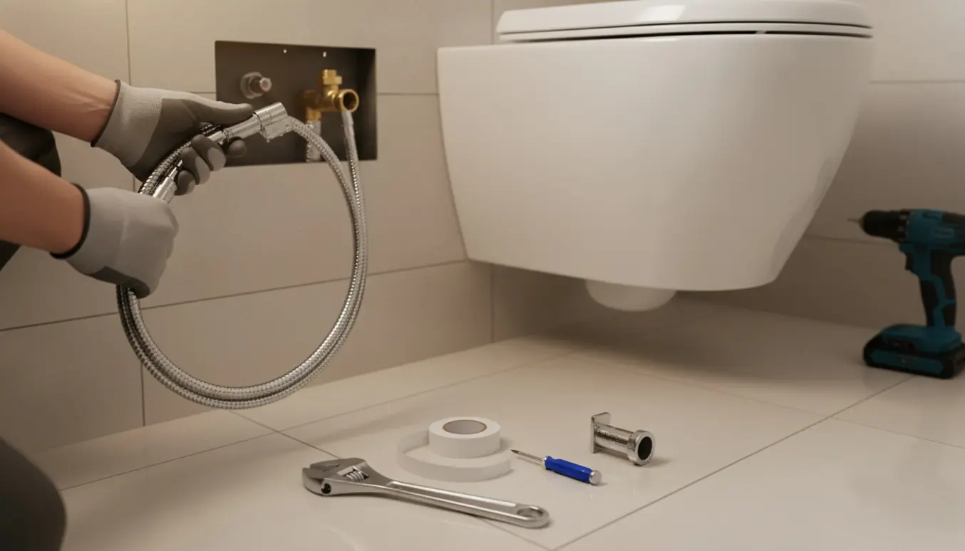 Hænder forbinder en krom håndbruser til et væghængt toilet med åben servicepanel og værktøj.