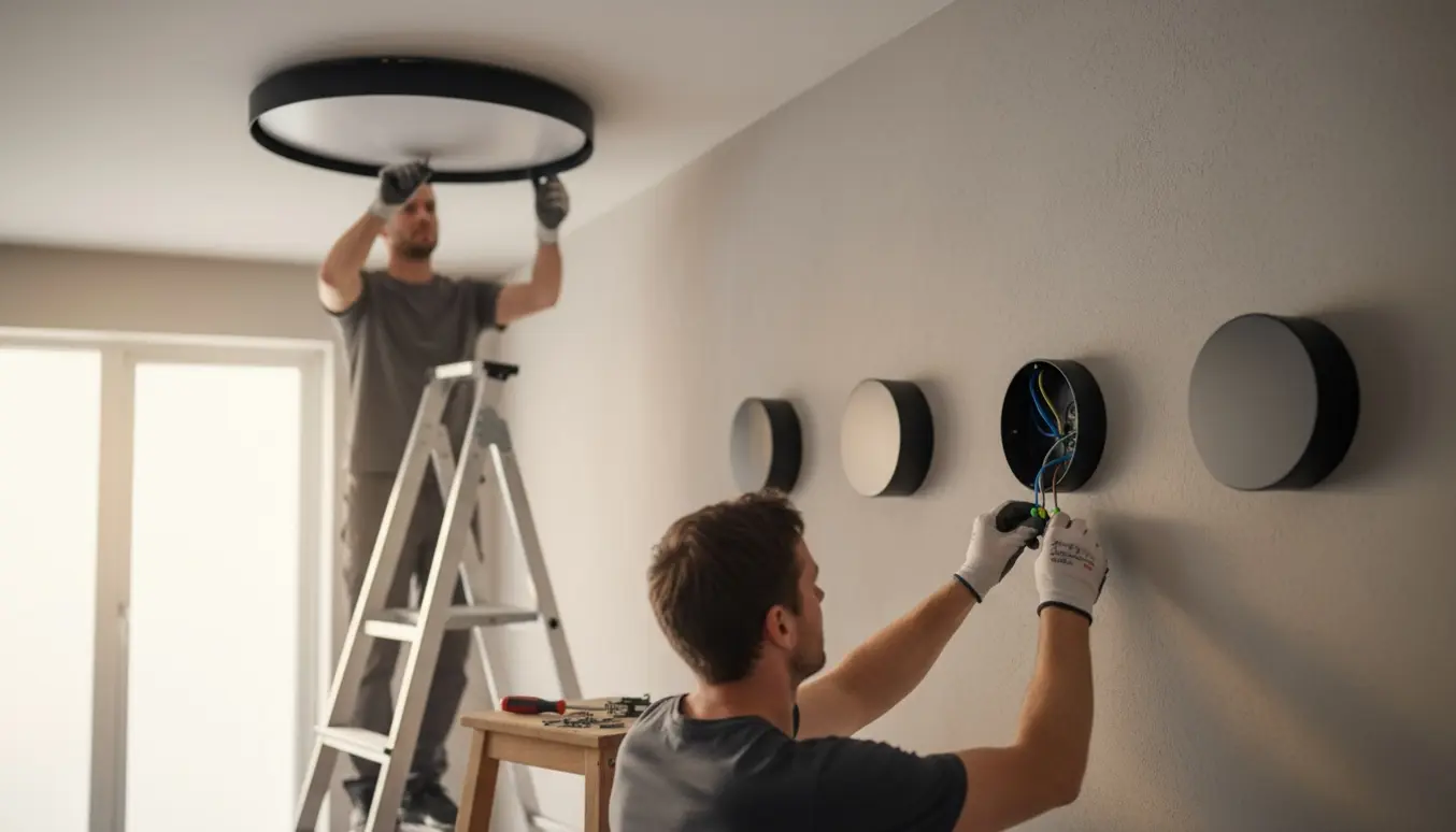Nærbillede af hænder, der tilslutter én loftslampe og tre væglamper til et Fuga lampeudtag.