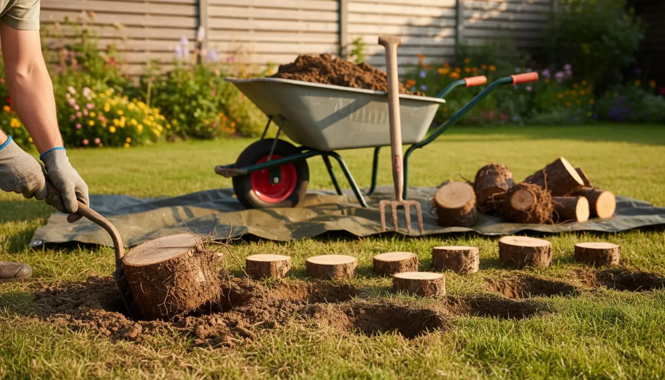 Havearbejder graver små træstubbe op med spade og trillebør i en solbeskinnet forhave.
