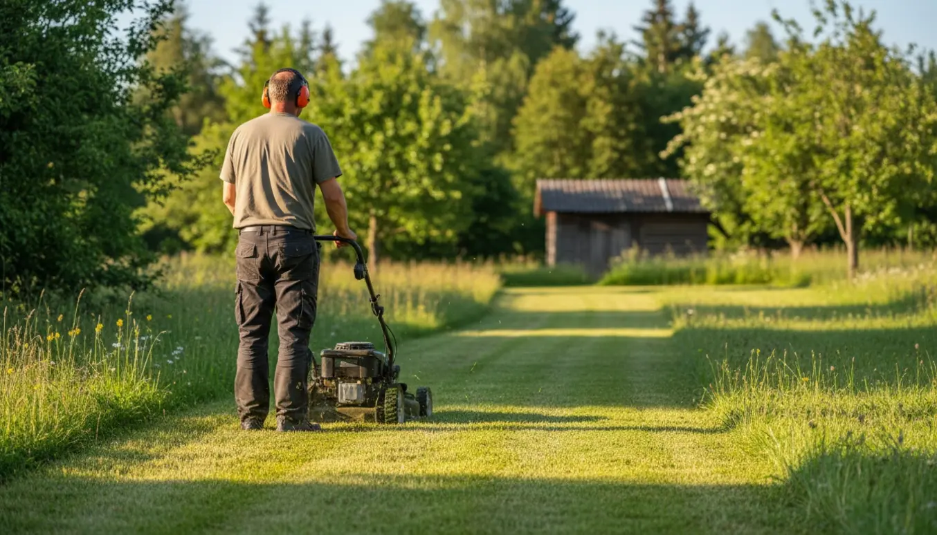 En person slår græsset på en stor naturplæne med en plæneklipper, og afklippet græs ligger spredt.