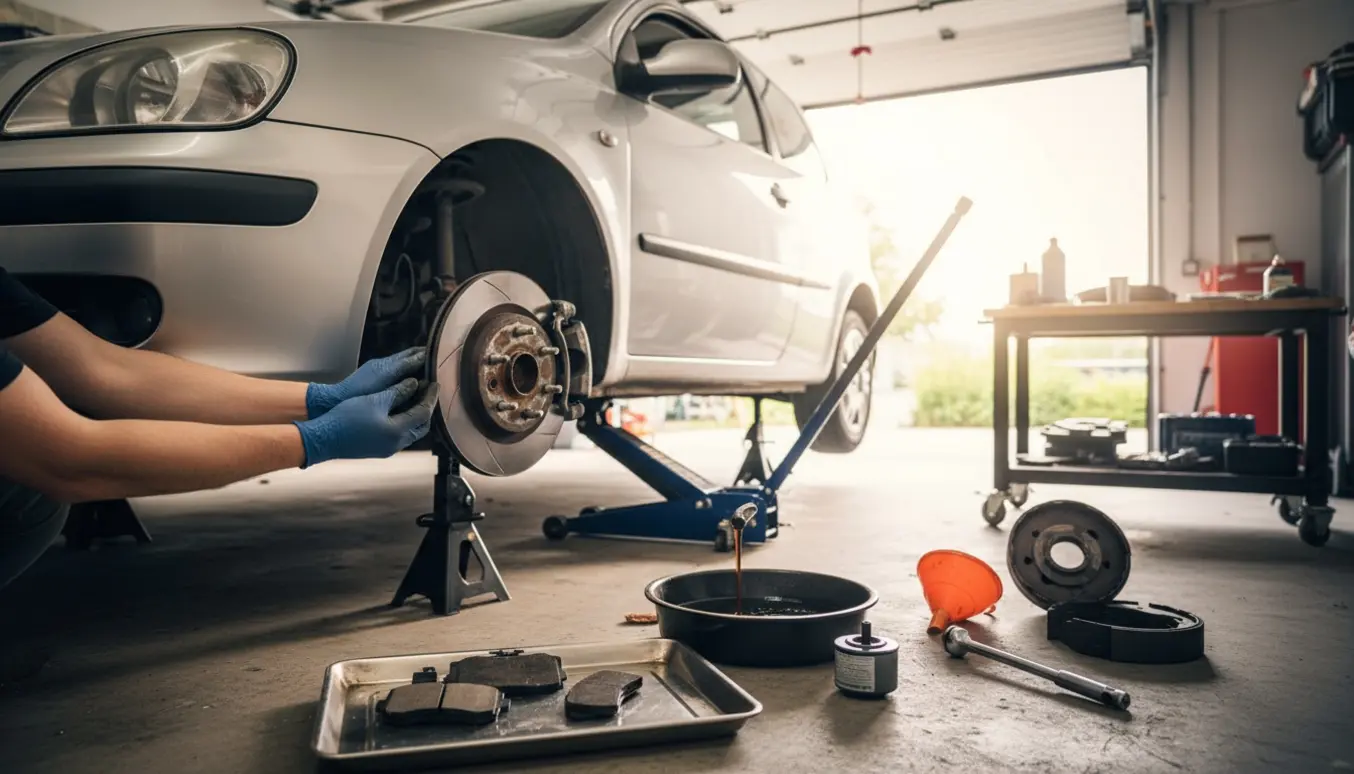 Gloves skifter forbremseskive på en kompakt hatchback med nye bremsebakker og oliefilter klar ved siden af.