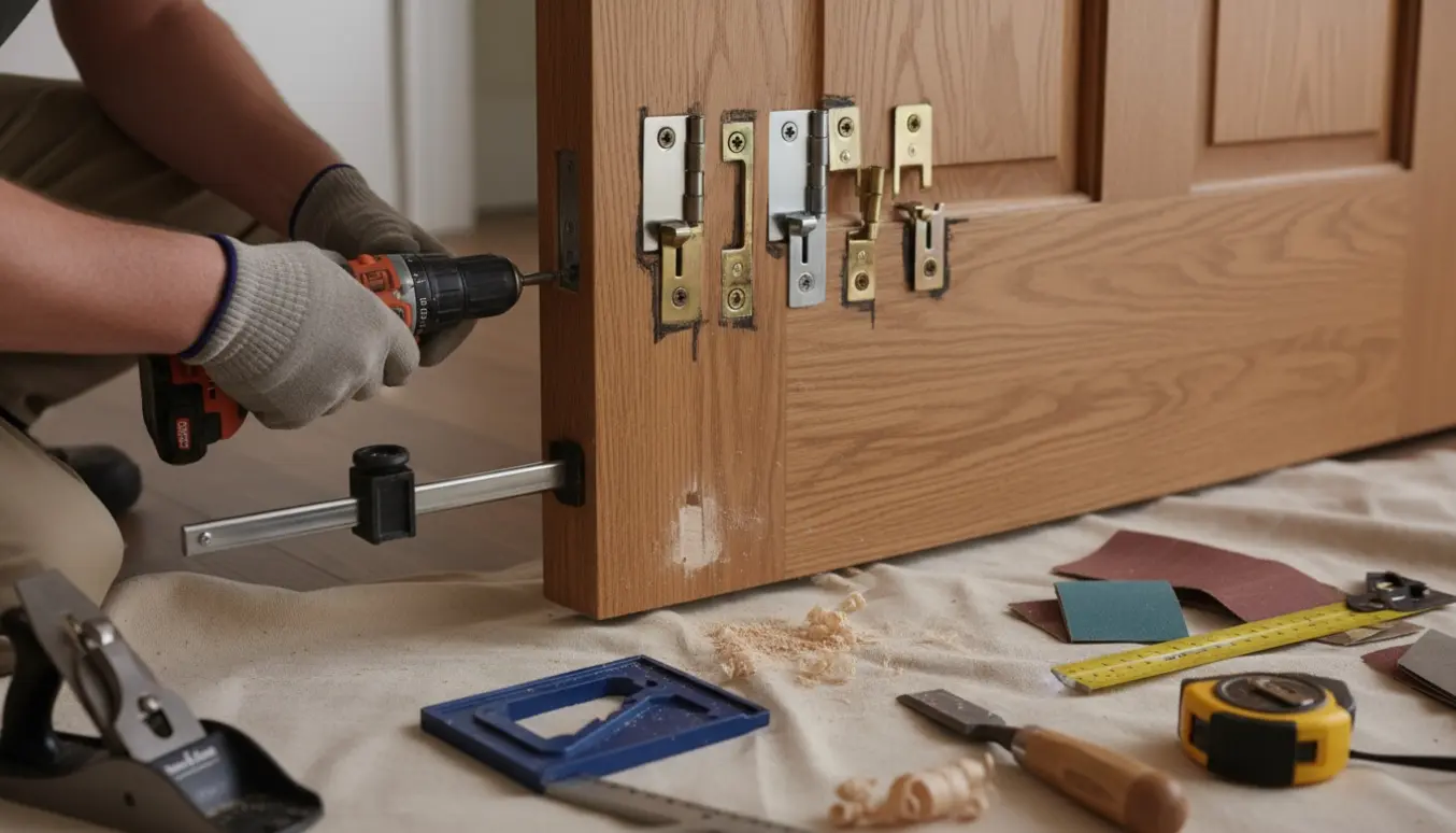 Nærbillede af trædør monteret i karm med nye hængsler, håndværkerens hænder og værktøj synlige.