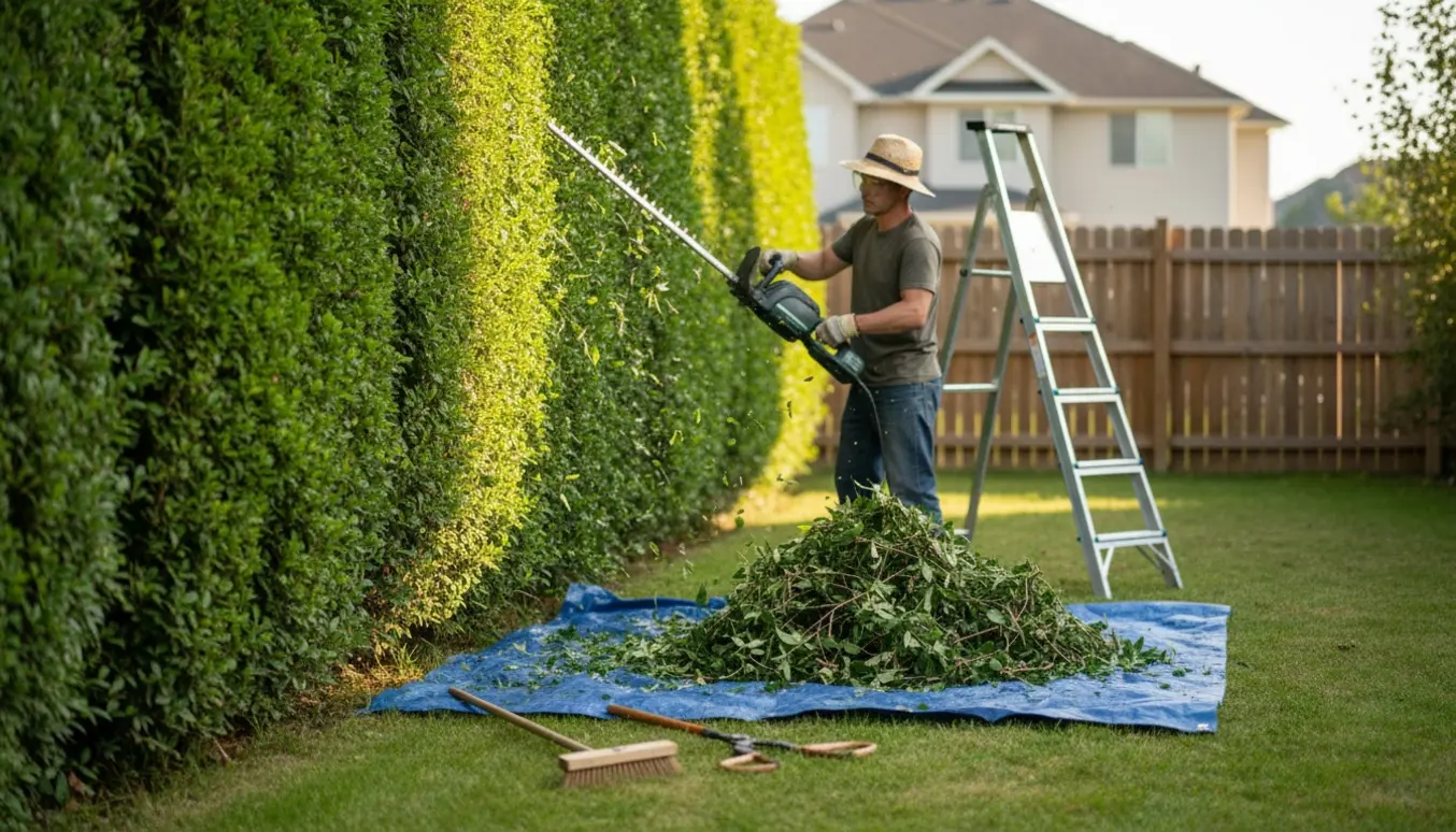 En person trimmer ydersiden af en tæt hæk med en langtrækket elektrisk hækkeklipper, med friske afklip på græsset.