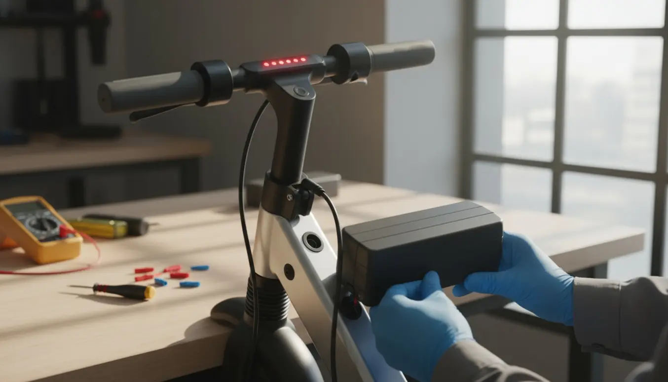 Nærbillede af en Ninebot-løbehjul med ekstern batteripakke og tilsluttet oplader med blinkende røde indikatorer.