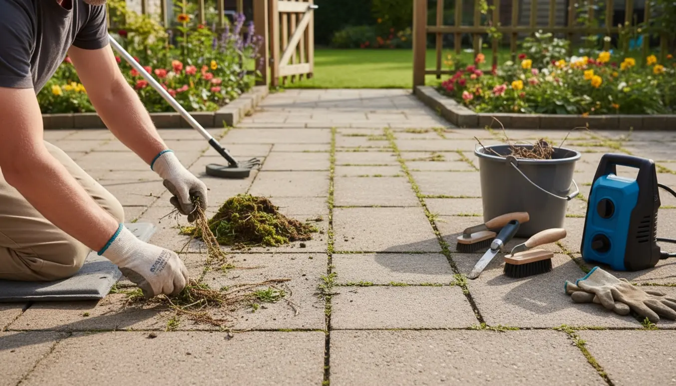 Hænder fjerner ukrudt mellem fliser på en terrasse med haveværktøj lagt ved siden af.