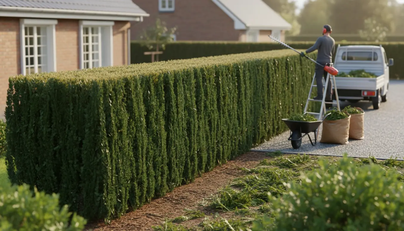 Gartner trimmer toppen af en lang thuja-hæk med stige, motorhækkeklipper og poser til grønt affald.