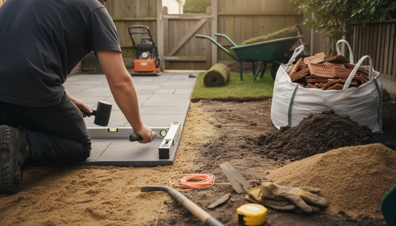 Udskiftning af fliseterrasse i en lille have med værktøj, bunker af jord og en smal adgangslåge.