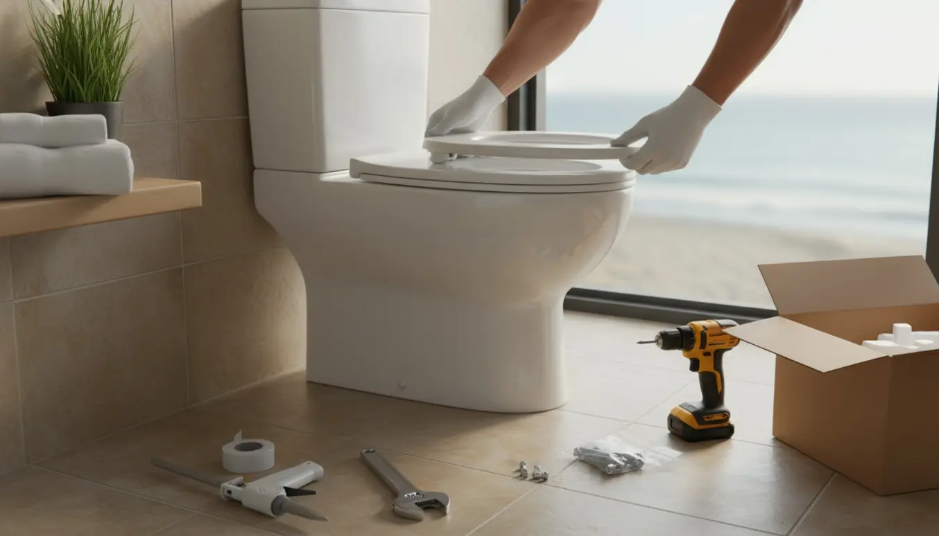 Nyt hvidt toilet monteres i et lyst badeværelse med værktøj og kystlys gennem vinduet.
