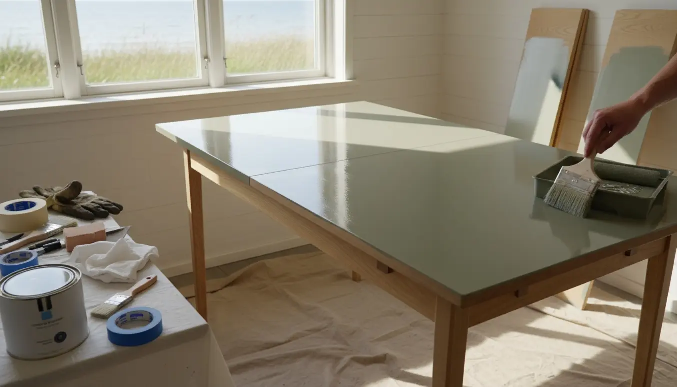 Et træspisebord i et sommerhus ved Møn bliver professionelt malet med pensel og rulle, uden tydelige ansigter.