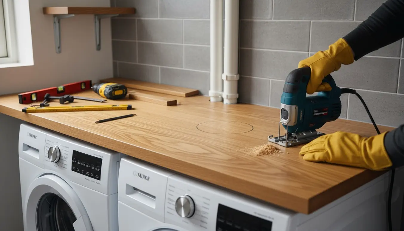 Opsætning af eg bordplade over vaskemaskine med udskæring ved faldstamme og værktøj klar.