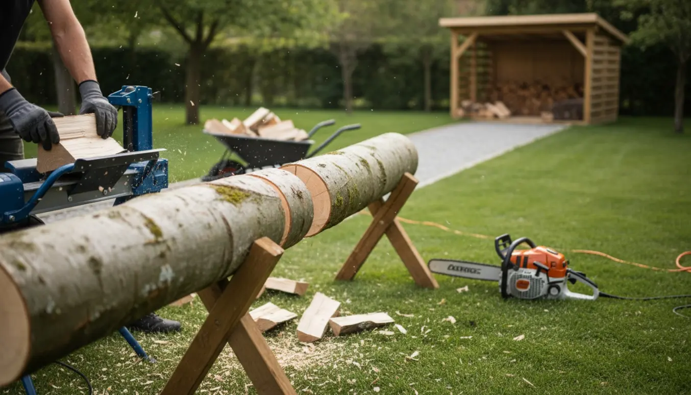 Bøgestamme på cirka 5 m bliver savet op og flækket med en elektrisk flækker med stablet brænde i brændeskuret i baggrunden.