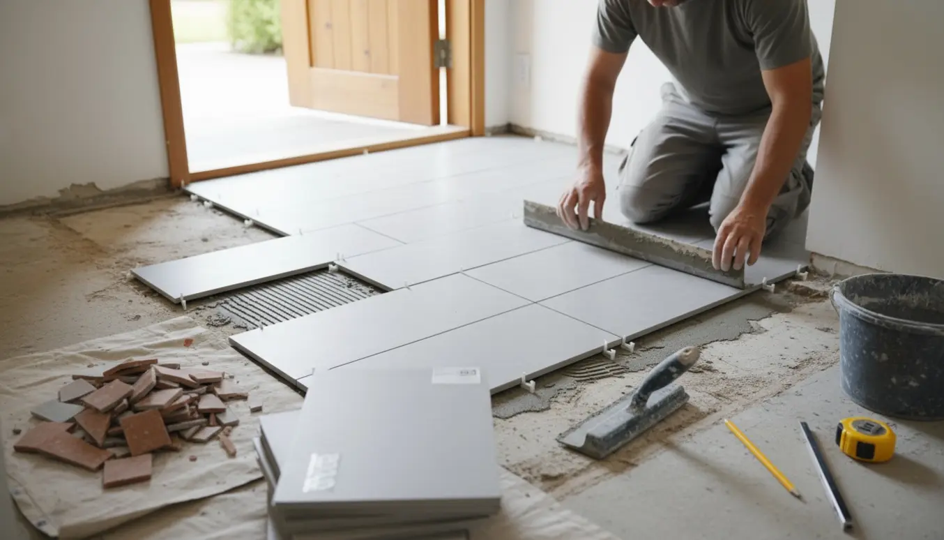 Udskiftning af fliser i en lille entré med nye 30x60 cm fliser, værktøj og arbejdshandsker på gulvet.