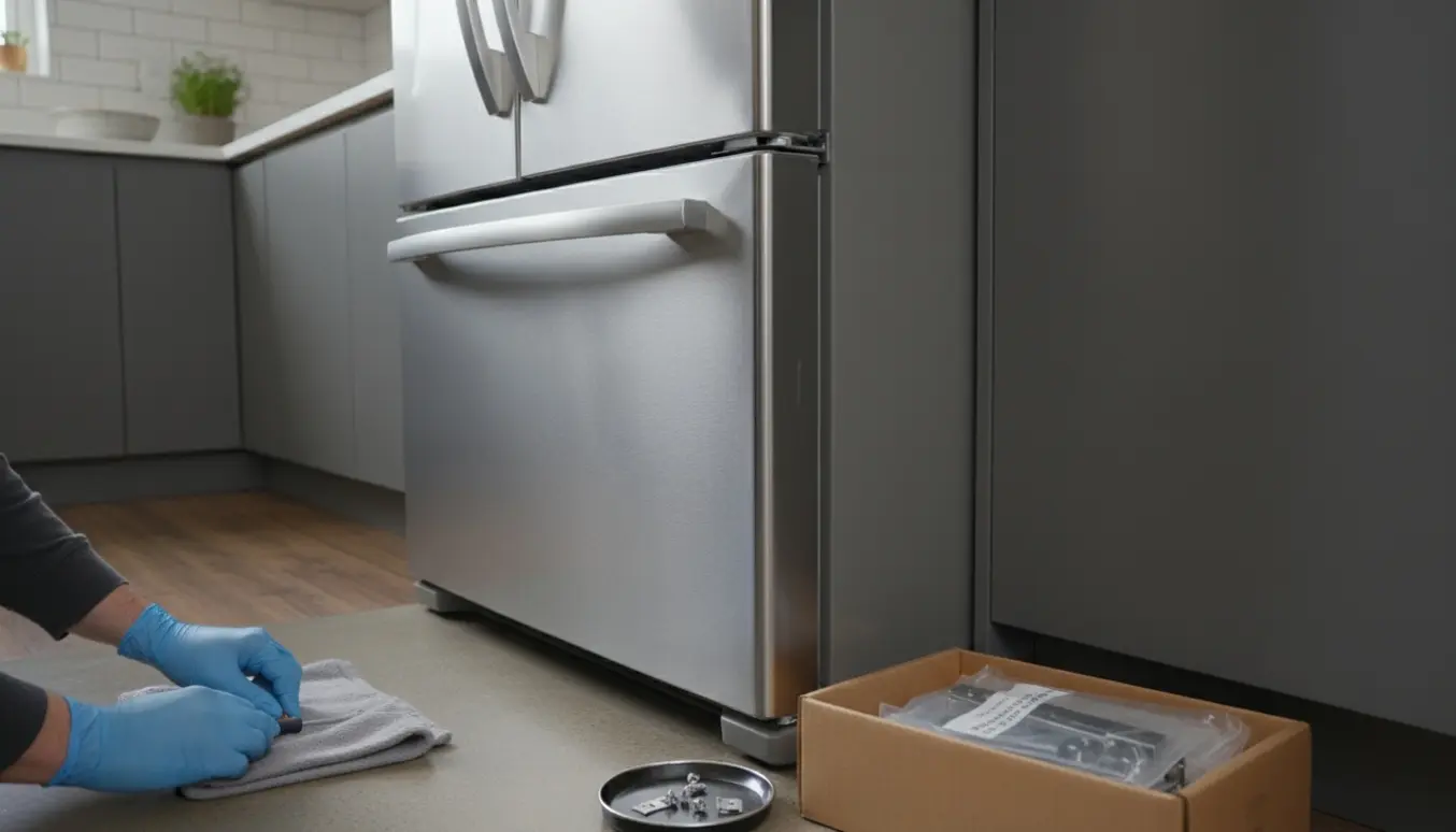 Nærbillede af udskiftning af hængsel på et integreret køle-/fryseskab med værktøj og nye dele klar.