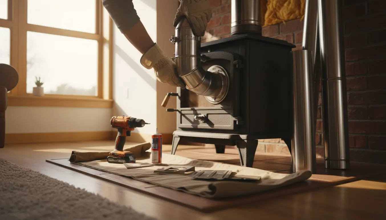 Nært fotografi af handskerede hænder, der monterer en rustfri skorsten på en brændeovn indendørs.