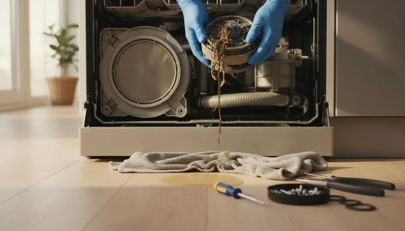 Nærbillede af en åben opvaskemaskines bund, handske-klædte hænder fjerner en beskidt pumpe med madrester.