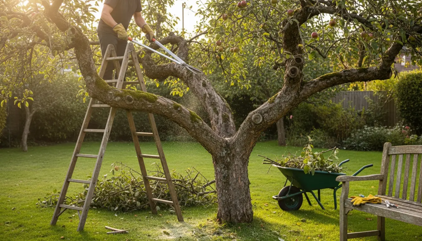 Et gammelt æbletræ bliver beskåret med sakse og sav, afsavede grene og redskaber i græsset.