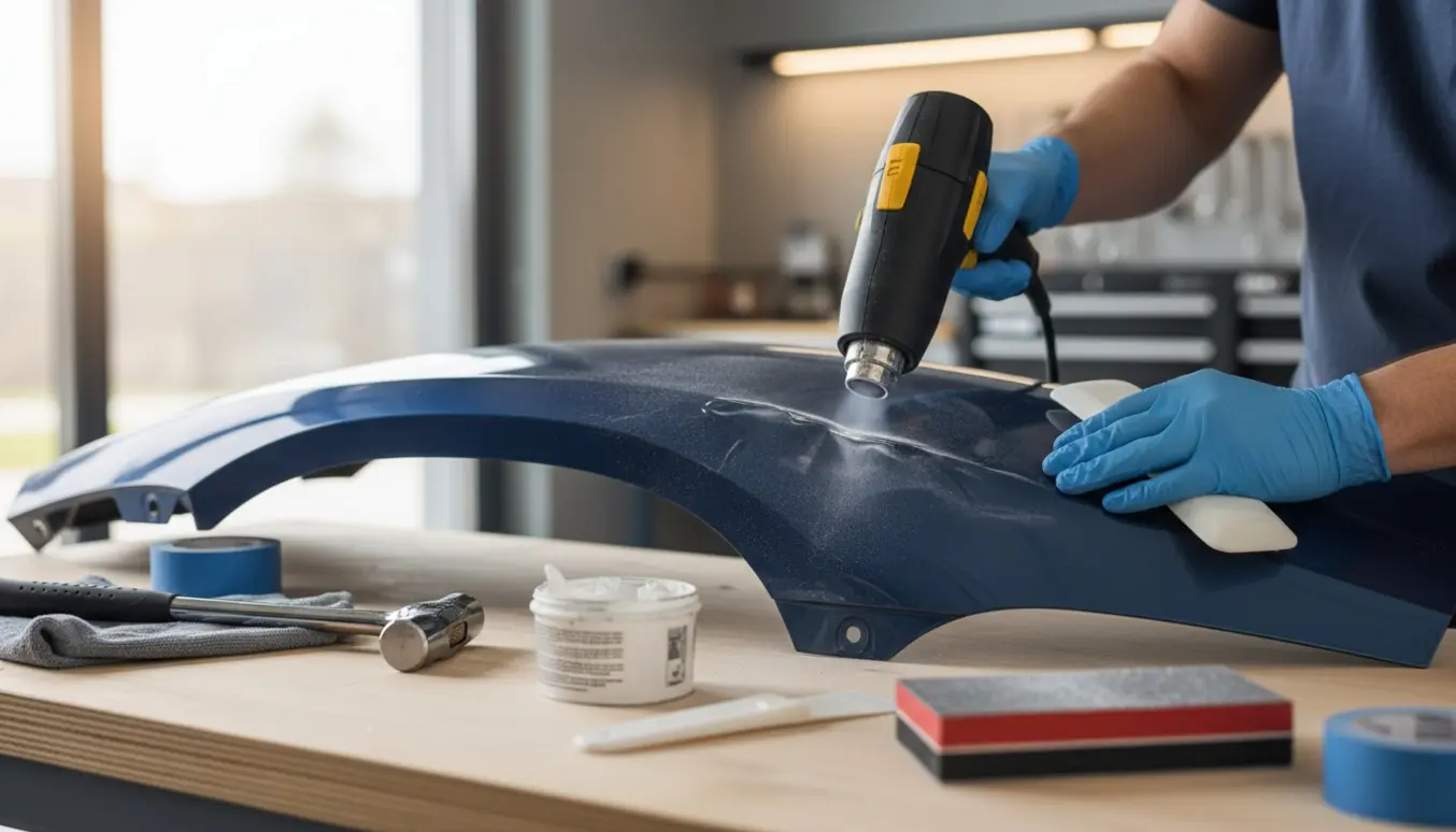 Nærbillede af hænder, der varmer og retter en bule i en plastbilskærm på et værksted.