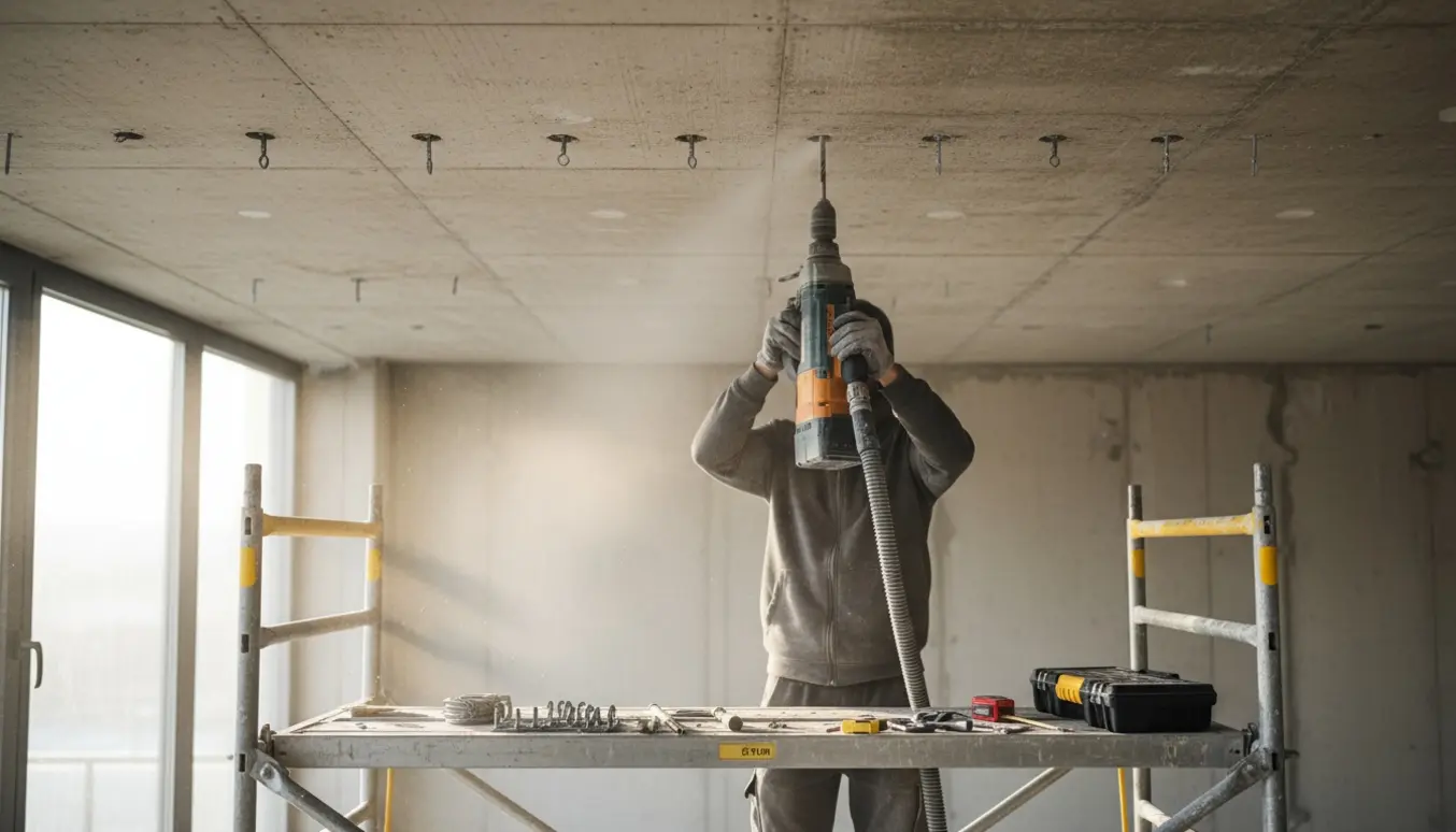 Håndværker borer cirka 15 huller i et betonloft med støv svævende i sollys.