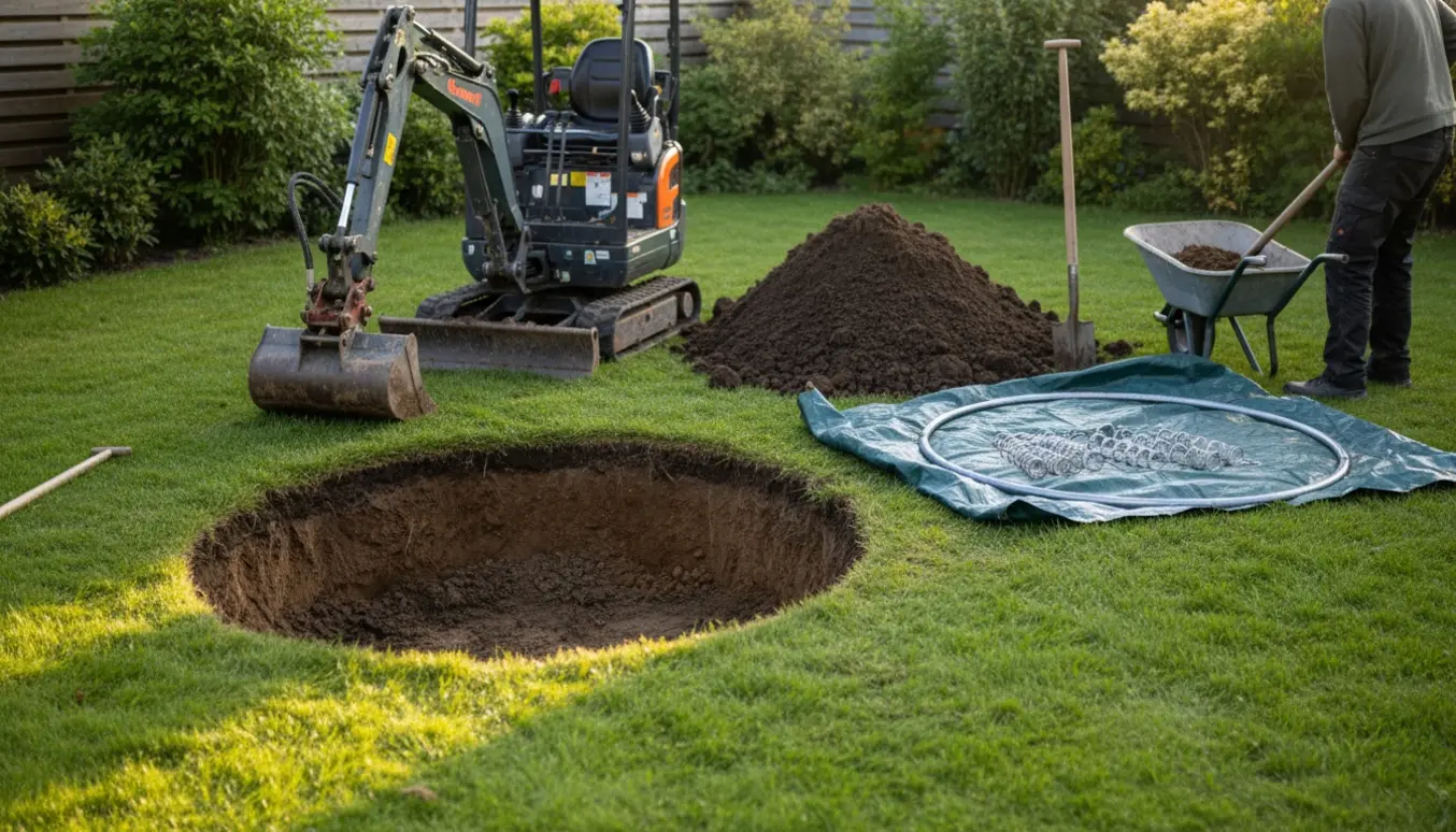 Rund udgravning i græs til nedgravet trampolin med gravko og udstyr i baghaven.