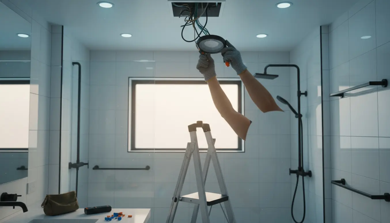 Hænder udskifter en indbygget spotlampe i et moderne badeværelse med en stige og værktøj på vasken.