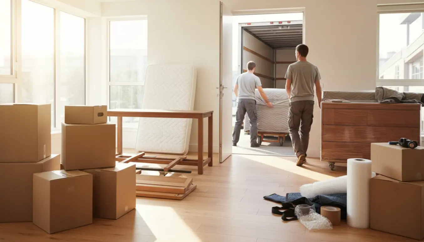 Indpakkede møbler og kasser trækkes ind i en lys lejlighed under en flytning.