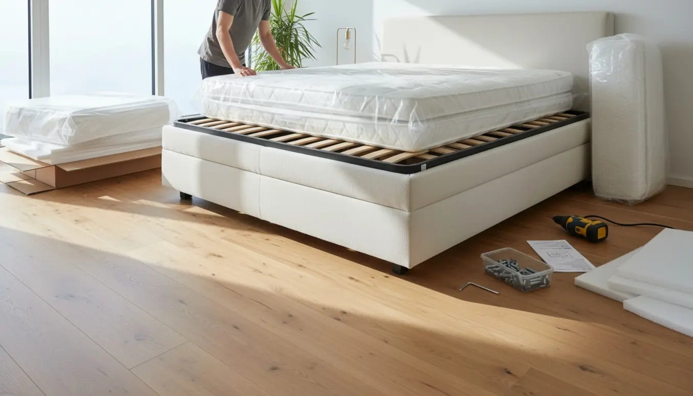 En person samler en ny kontinentalseng i et lyst, moderne soveværelse.