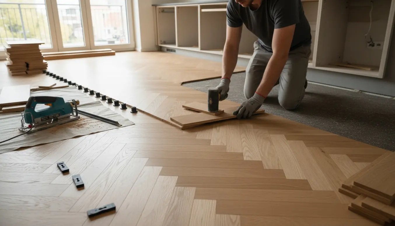 Delvist lagt sildebensparket i egetræ på korkunderlag med værktøj og halvmonterede køkkenskabe i baggrunden.