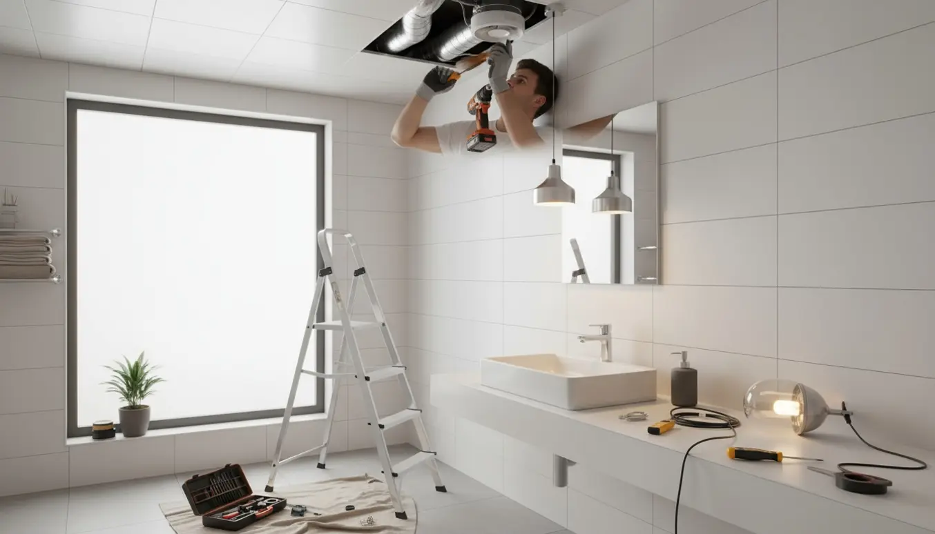 Elektriker på en stige udskifter en loftsventilator, monterer indbygningsspot og opsætter en ny lampe over en vask.