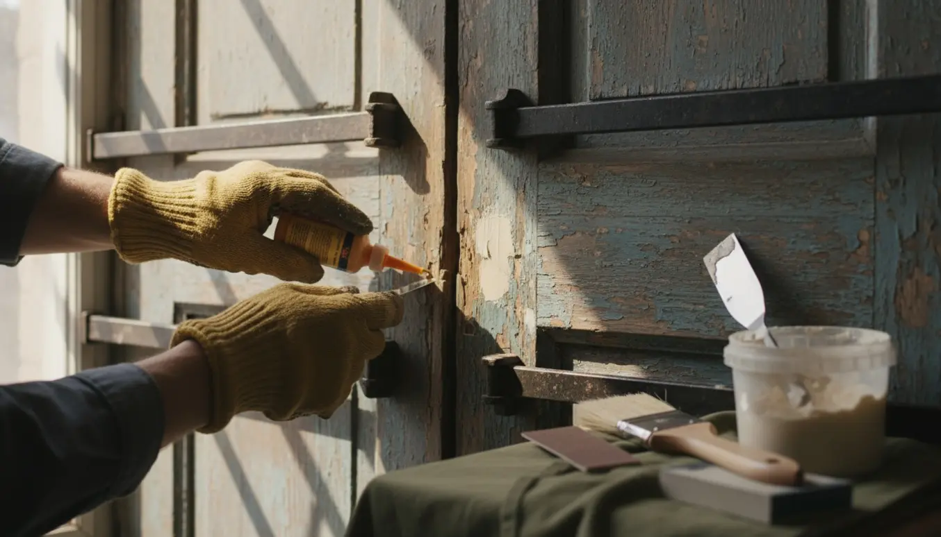 Nærbillede af hænder, der reparerer en flækket gammel trædør med lim, skruetvinger og spartel.