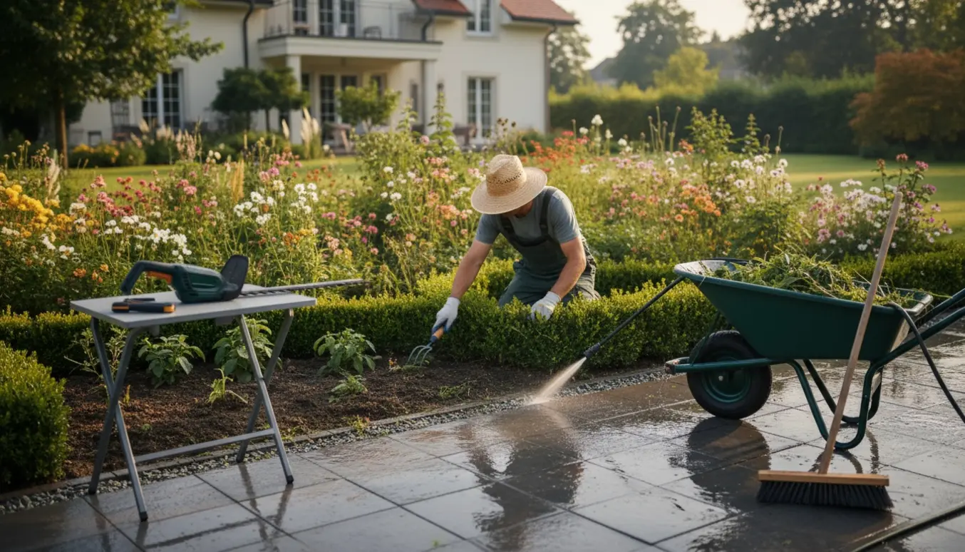 Havemand fra ryggen luger bed og trimmer hæk på en velholdt villagrund mens fliser fejes og vaskes.