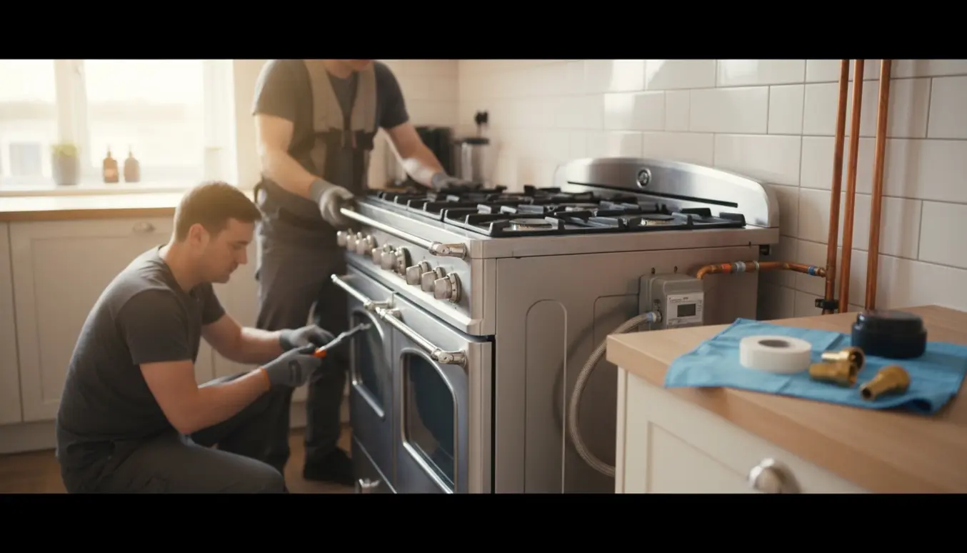 Teknikere flytter et 60x60 gaskomfur og udskifter gasmålere og rør i et lyst køkken.