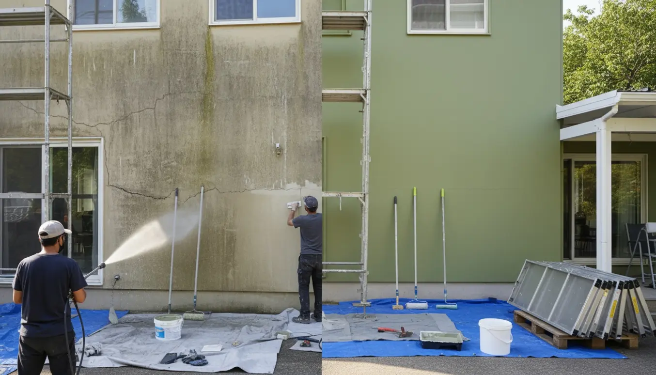 Facade under renovering med rensning, spartling og ny maling, arbejdere og værktøj uden tydelige ansigter.