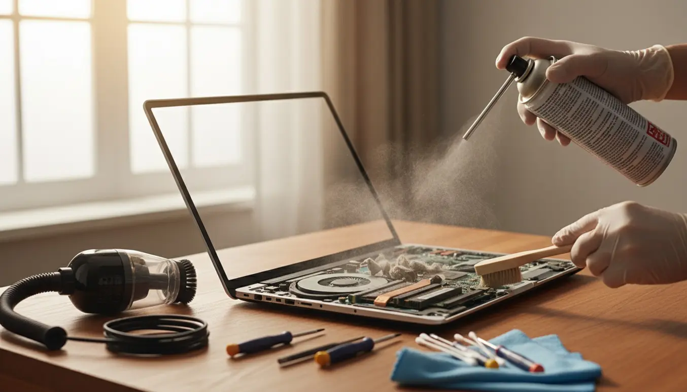 Åben bærbar computer på et træbord, hvor handsker holder en trykluftdåse og blæser støv ud af blæseren midt i rengøringen.