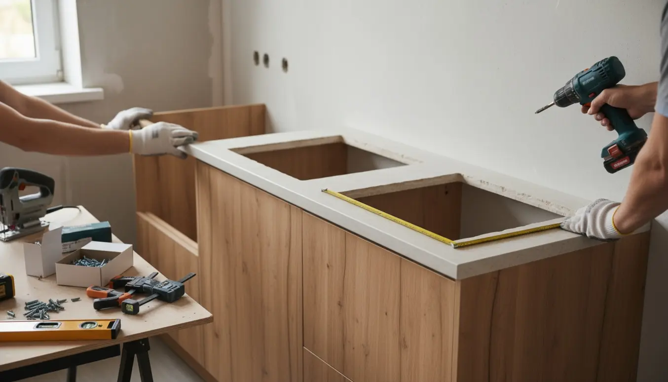 Montering af køkkenbord med udskæringer til kogeplade og vask foran en gipsvæg med særlige pladeskruer og raw-materialer.