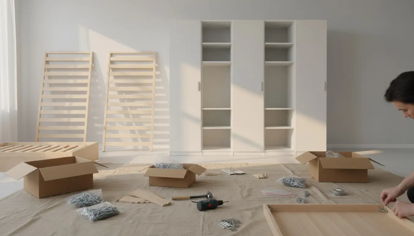 Hænder samler fladtpakkede sengebunde og skabe i et lyst rum med værktøj og hardware.