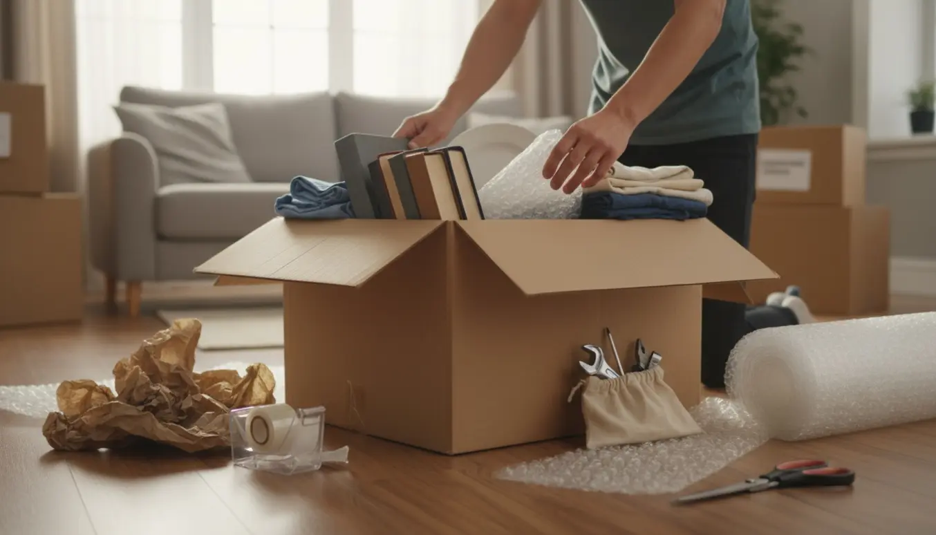 Åben flyttekasse fyldes med tøj, bøger, indpakkede porcelænstallerkener og værktøj i sollys.