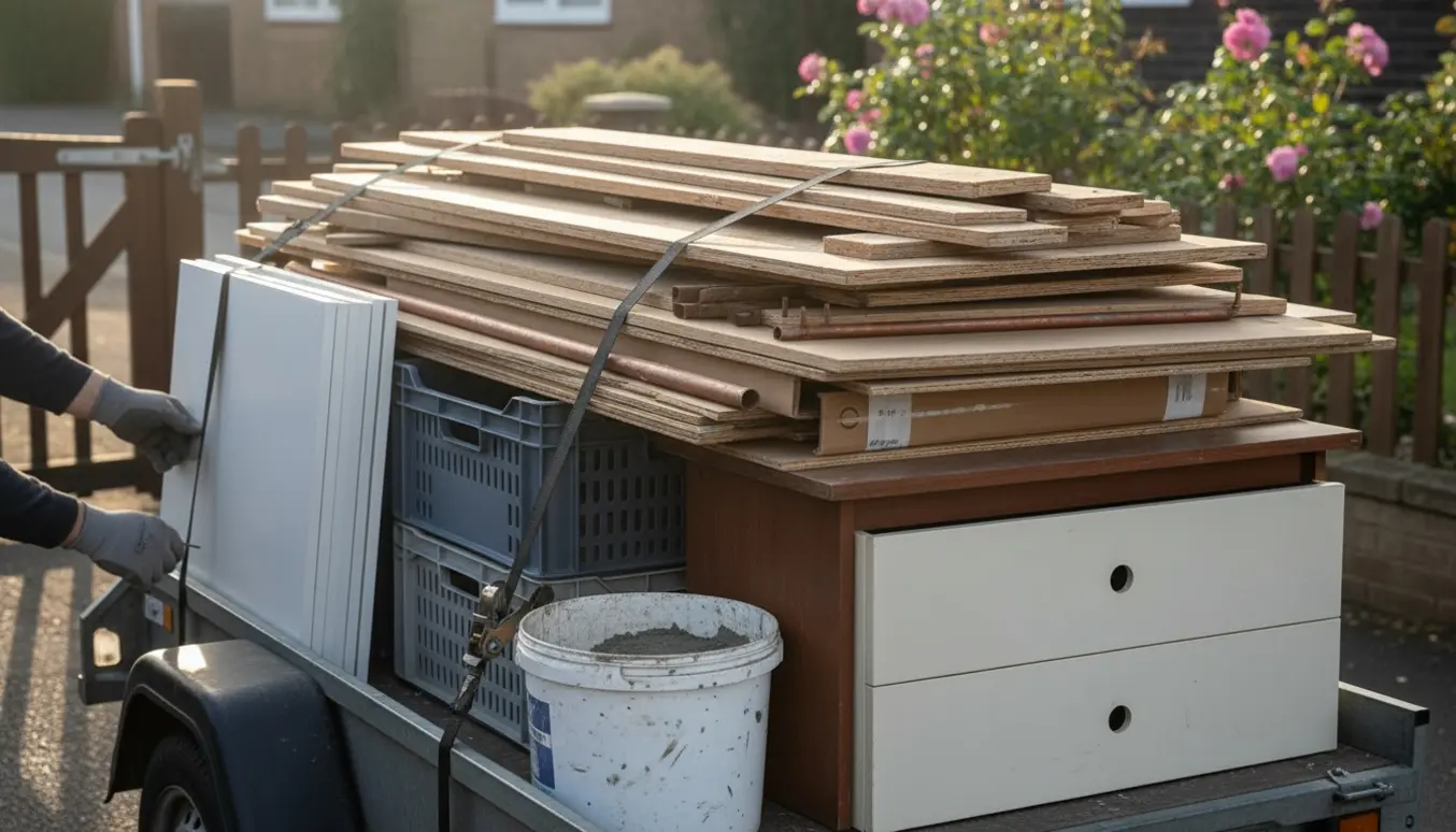 Trailer med blandet bygge- og haveaffald uden for en havelåge klar til afhentning.