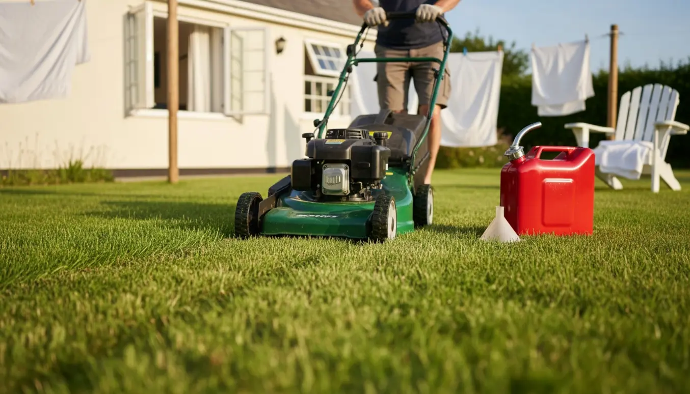 Solbeskinnet sommermorgen med plæneklipper og benzindunk foran en velholdt udlejningshytte.