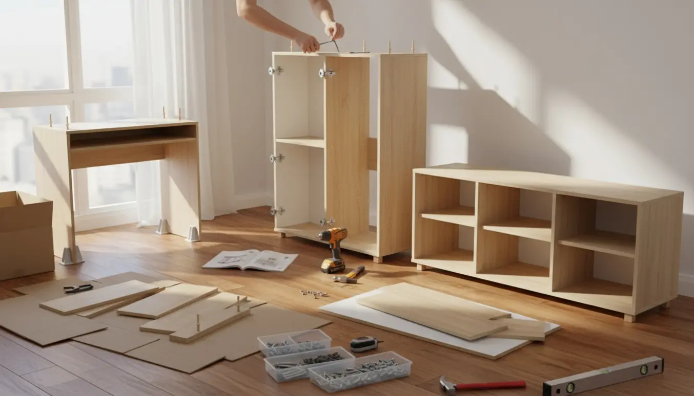 Hænder samler fladpakkede møbler — skab, skoskab og skrivebord — i et lyst, ryddeligt rum.