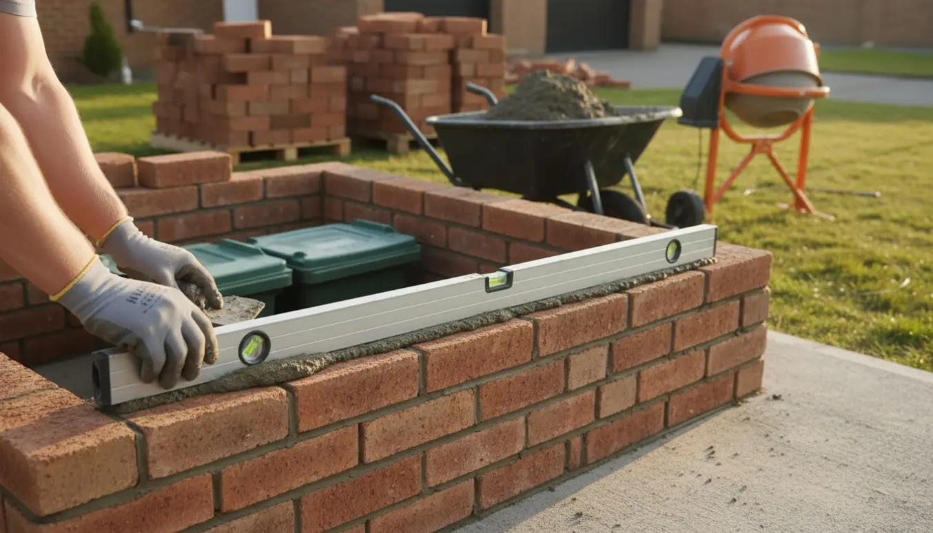 Murerarbejde på en muret skraldespandskjuler i forhaven med hånd og murske i fokus.