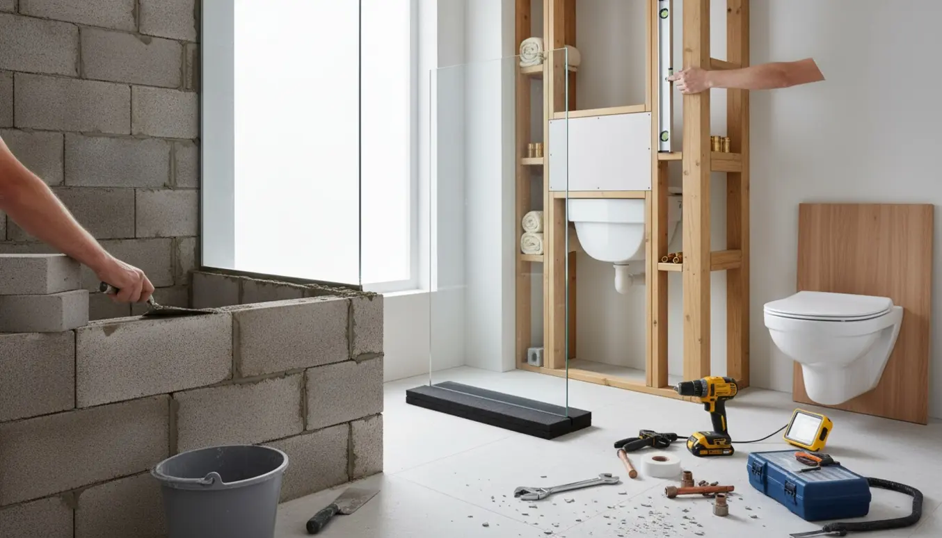 Delvist muret brusevæg og indbygget cisternekasse i et badeværelse under renovering, værktøj og materialer klar til montering.